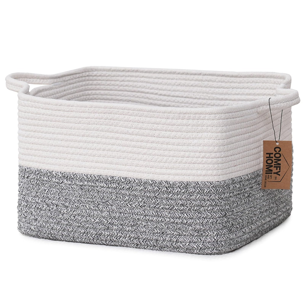 COMFY-HOMI cotton rope basket with handles on shelf for easy, tidy storage.