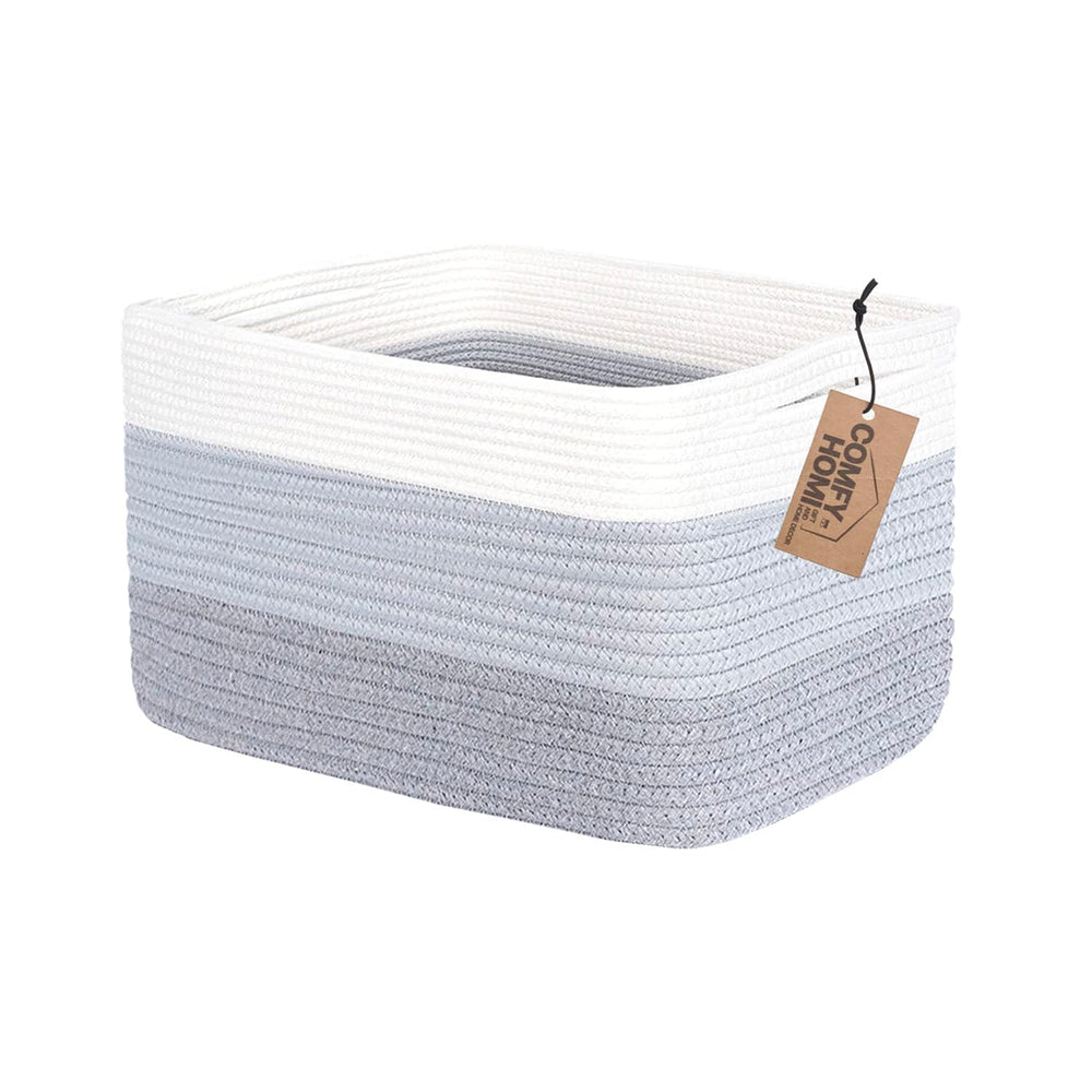 COMFY-HOMI cotton rope basket rectangular white 3-tone grey front view for organized living space.