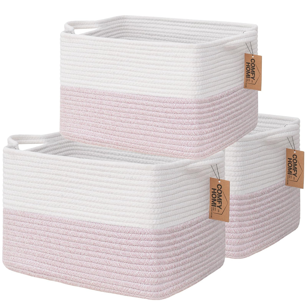 COMFY-HOMI cotton rope square basket with handles for living room storage and quick organization.