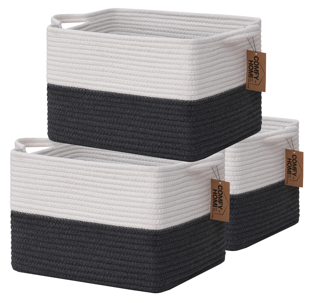 COMFY-HOMI cotton rope square basket white with handles for organization
