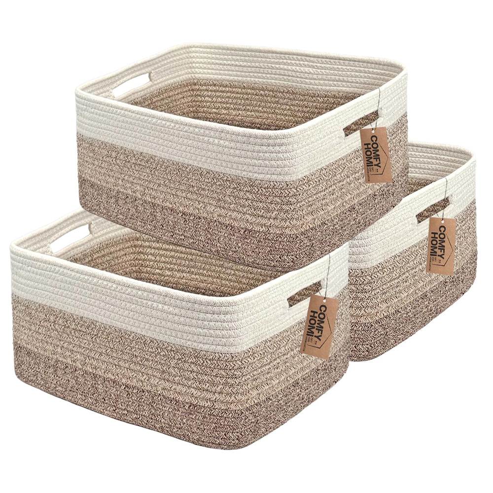 COMFY-HOMI three-pack large storage baskets white brown for clutter-free closet organization