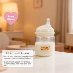 COMI borosilicate glass bottle anti-colic vent reduces gas during feeds.