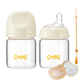COMI natural glass bottle with breastlike nipple for easier latching.