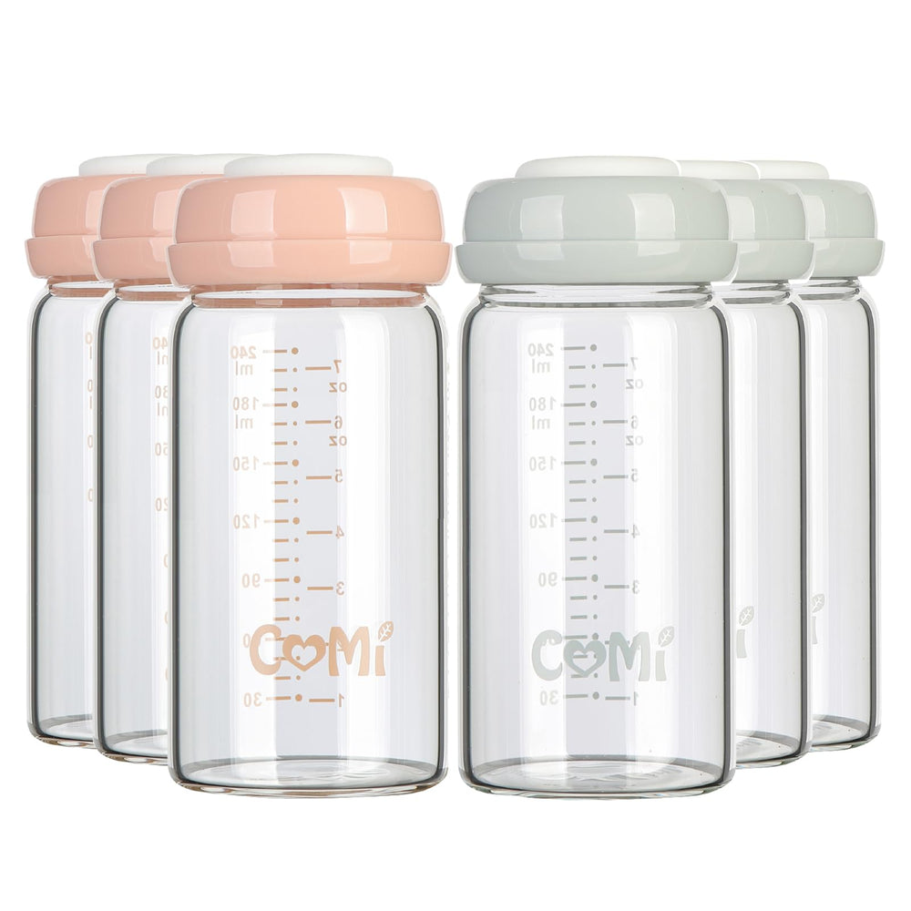 COMI wide-neck glass bottle 8oz six-pack front view shows pump compatibility