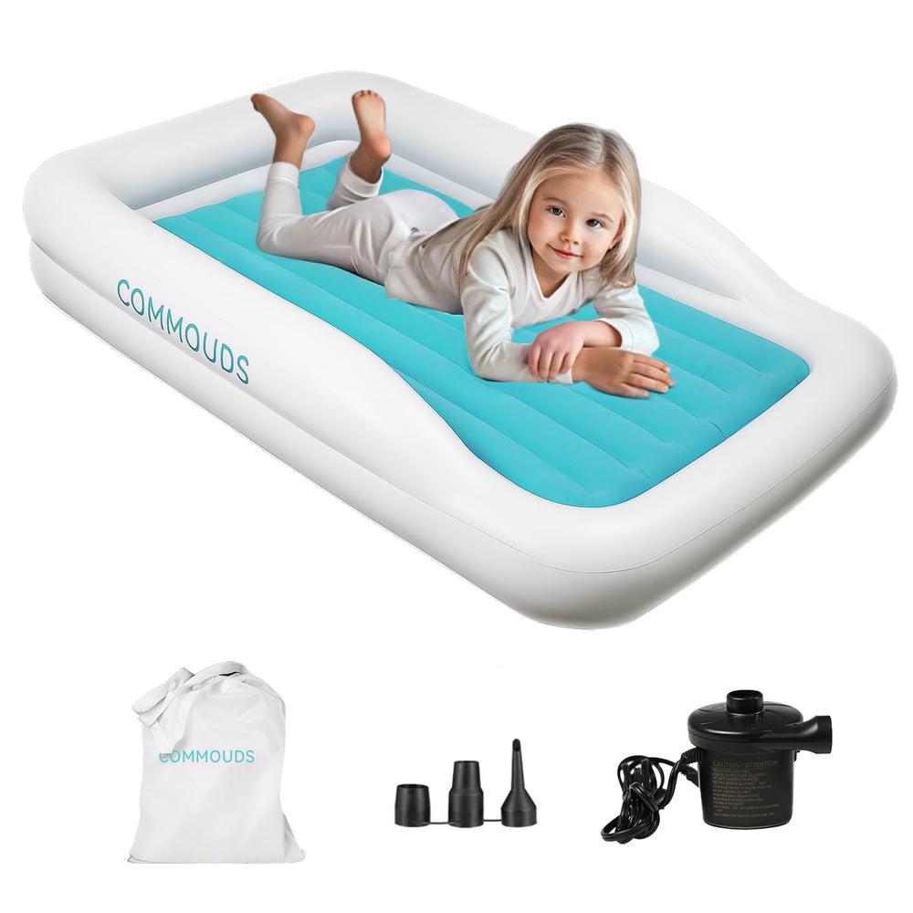 COMMOUDS portable toddler bed with 3-sided bumpers for safe travel sleep.