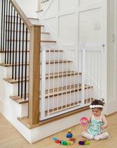 COMOMY 36in tall baby gate at stairs keeps pets and toddlers contained.
