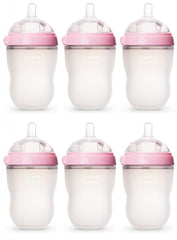 Comotomo 8oz pink bottle in a six-pack for easy feeding on the go.