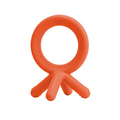 Comotomo silicone baby teether orange closeup highlighting soft, safe chewing comfort.