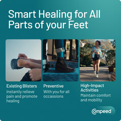 Compeed adhesive with tapered edges; discreet, moves with you during activity