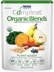 Compleat Organic Blends bottle pour shows smooth real-food nutrition for tube feeding.