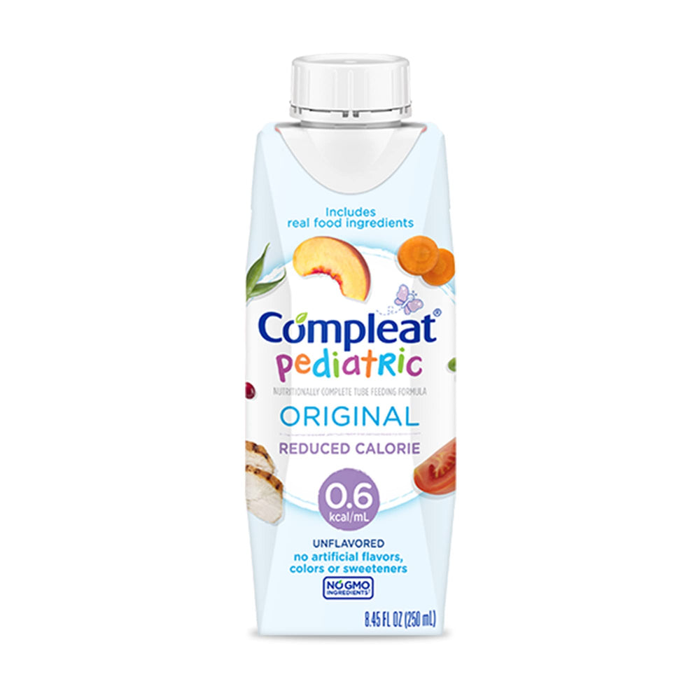 Compleat Pediatric 0.6mL bottle close-up for easy real-food nutrition on the go.