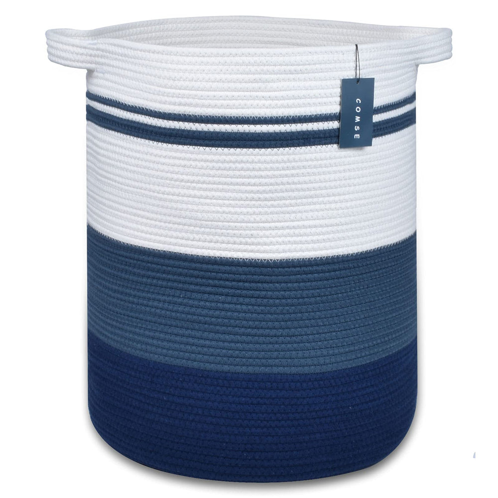 COMSE blanket basket gradient blue front view highlights sturdy handles for easy transport.