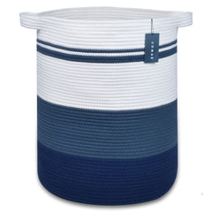 COMSE blanket basket gradient blue front view highlights sturdy handles for easy transport.