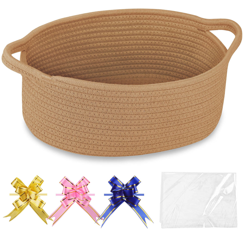 COMSE small woven basket camel front view shows sturdy handles for easy transport.