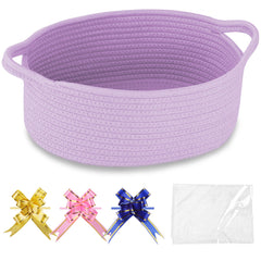 COMSE small woven basket with gift bags and ribbons, ideal for organized gifting.