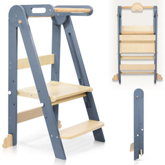 CONKKA foldable toddler kitchen stool side view shows sturdy birch wood for safe daily use.