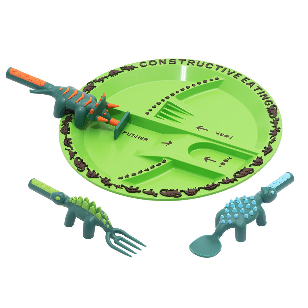 Constructive Eating plate divided dinosaur—balanced meals for toddlers.