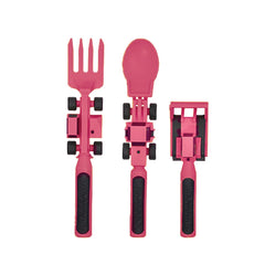 Constructive Eating toddler utensils closeup metal, showcasing safe, child-sized forks and spoons