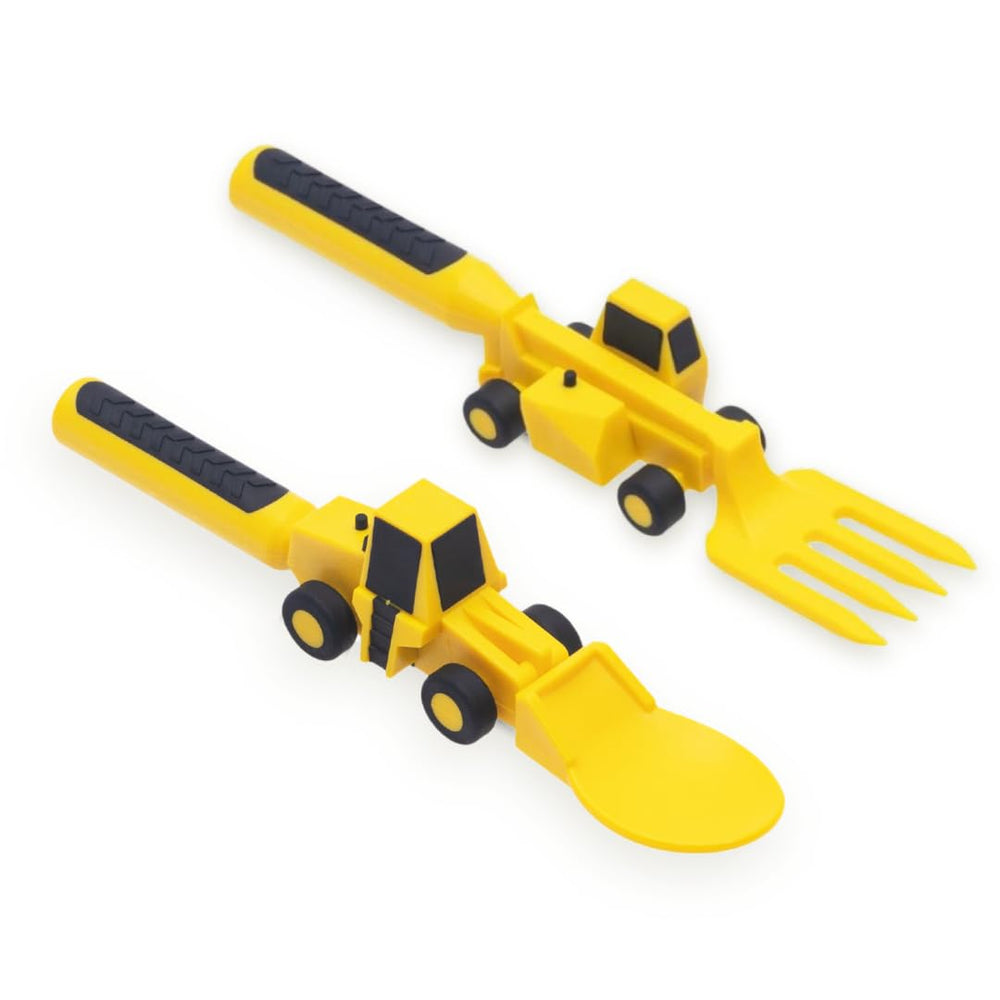 Constructive Eating toddler utensils fork closeup showing durable BPA-free design for independent feeding.