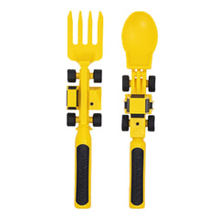 Constructive Eating spoon closeup highlights toddler-friendly grip and safety-tested materials.