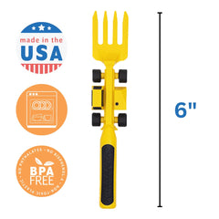 Constructive Eating toddler utensils close-up designed to promote independence and fine motor practice.