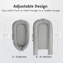 CooCooBaby Infant Lounger adjustable ends show extended fit as baby grows