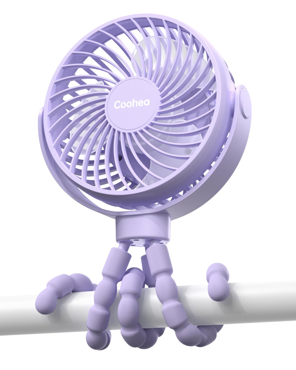 Coohea stroller fan purple battery close-up for long runtime, 4000mAh.