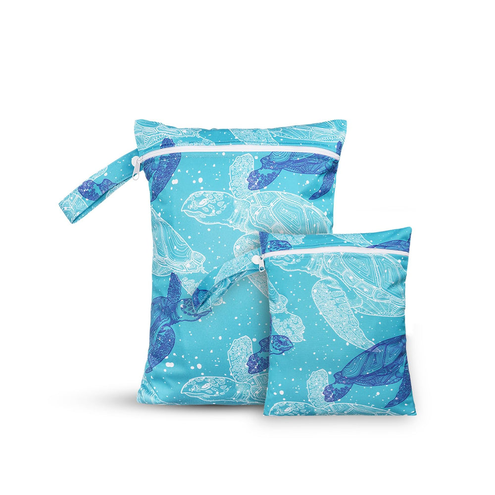 CoolaPeach big wet bag in blue turtle design for waterproof diaper storage.