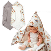 CoolaPeach hooded towel in brown bears keeps baby warm after bath.