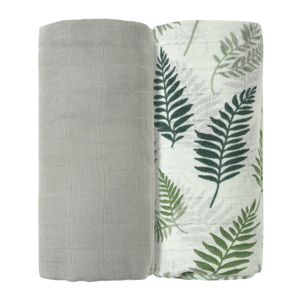 CoolaPeach muslin swaddle leaf-pack-front shows breathable fabric for newborn warmth