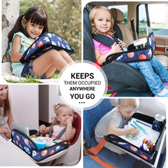 COOLBEBE travel tray on airplane keeps small items secure for in-flight entertainment.