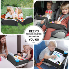 COOLBEBE travel tray mounted on car seat with strap attachment for secure setup
