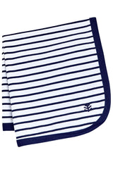 Coolibar Baby Sun Blanket Batibou in White/Navy Stripe provides UPF 50+ protection for outdoor outings.