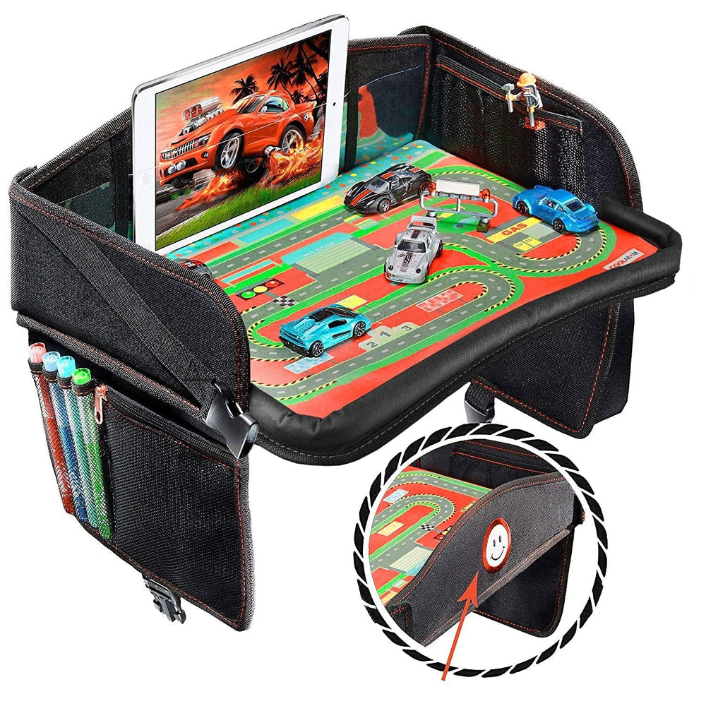 Coolmum Kids Travel Tray folded front view shows compact travel setup and premium black finish.