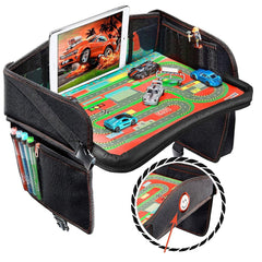Coolmum Kids Travel Tray folded front view shows compact travel setup and premium black finish.