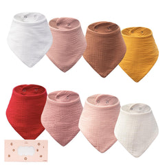 COOROBIN baby bibs flatlay showing eight neutral muslin bibs for easy styling