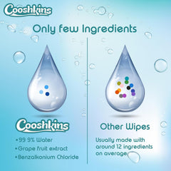 COOSHKINS newborn-safe unscented wipes in-use image underscores alcohol-free formulation.