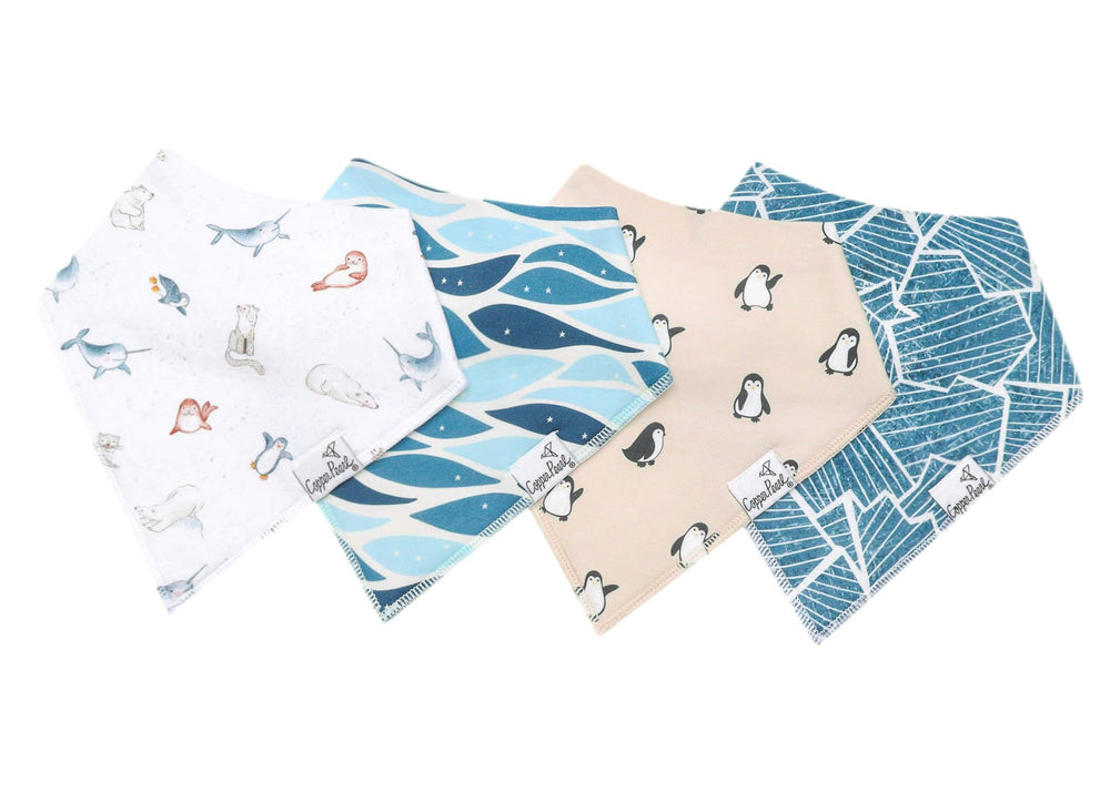 Copper Pearl Arctic Wonder Bandana Bib Set front view shows absorbent cotton and fleece backing.