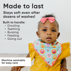 Copper Pearl bib fabric layers highlight two-layer protection for drool and spit-up.