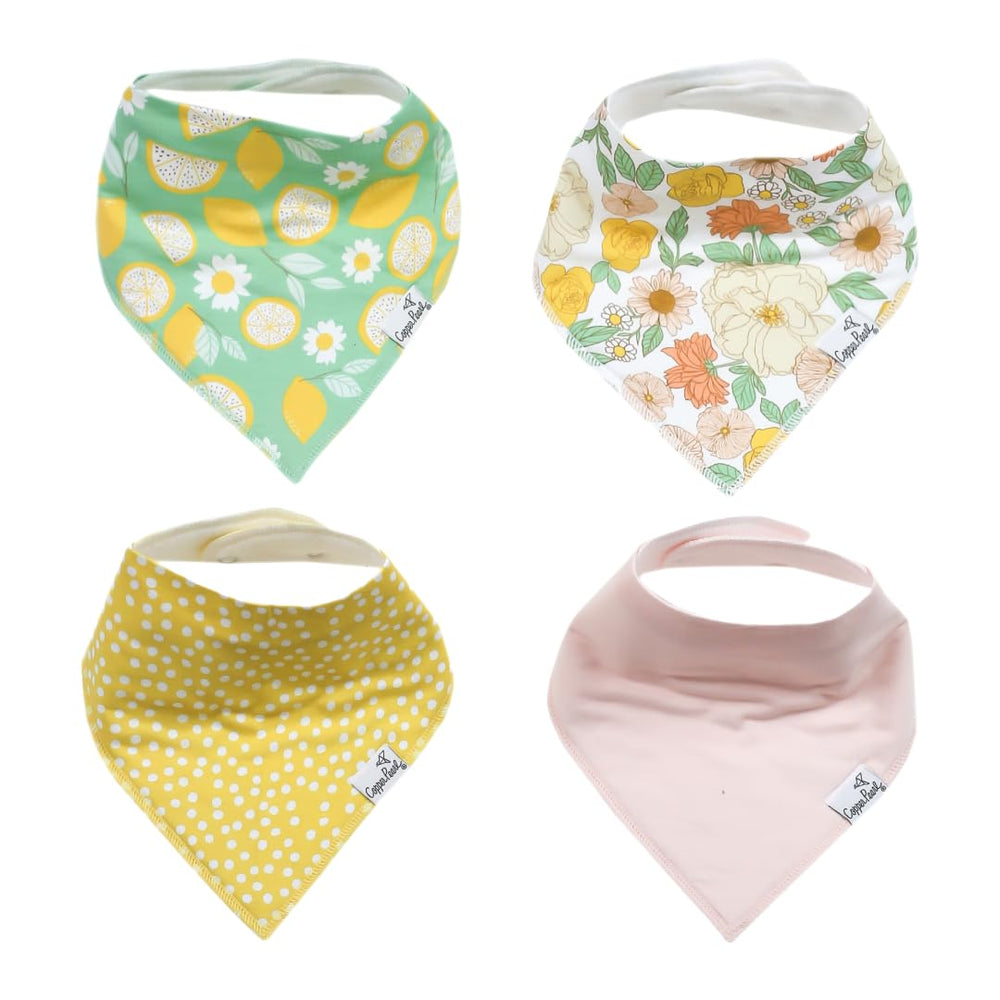 Copper Pearl lemon print bib pack front with stylish, absorbent drool protection.