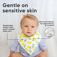 Copper Pearl bibs worn on a baby demonstrate comfort and mess protection
