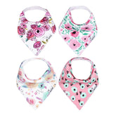 Copper Pearl Bloom 4-pack baby bibs show soft cotton and stylish prints keep outfits clean.