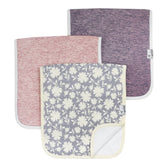 Copper Pearl burp cloth 3-pack shown, coordinated prints for quick outfit changes