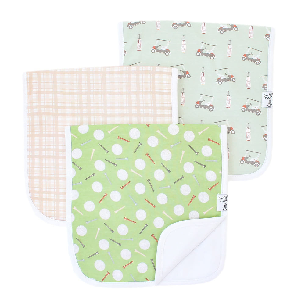Copper Pearl burp cloths 3-pack close-up shows three absorbent layers for spill control.