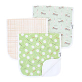 Copper Pearl burp cloths 3-pack close-up shows three absorbent layers for spill control.