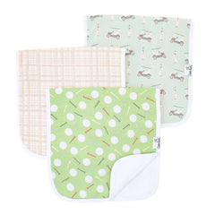 Copper Pearl burp cloths 3-pack close-up shows three absorbent layers for spill control.