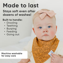 Copper Pearl Eden bib adjustable snaps highlight secure fit from newborn to toddler