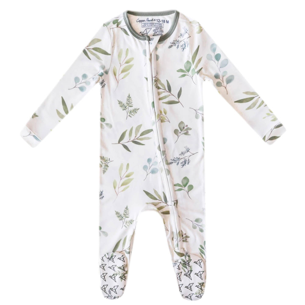 Copper Pearl Haven zip-up footie pajama front view showing ultra soft fabric for comfort