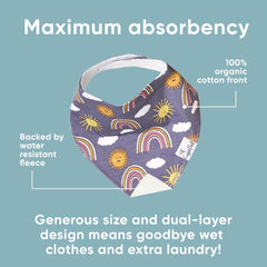 Copper Pearl Hope bib adjustable snaps demonstrate secure, comfy fit from newborn to toddler.