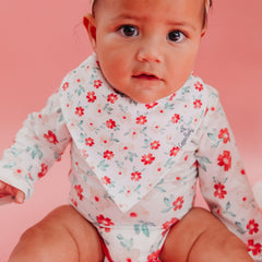 Copper Pearl Juliet Bandana Bib Set adjustable snaps demonstrate easy fit for ages 3–24 months.